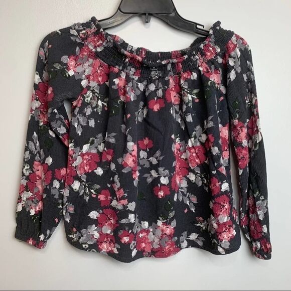 Gray & Pink Floral 3/4 Quarter Sleeve Strapless Off the Shoulder Blouse size M - Picture 6 of 7